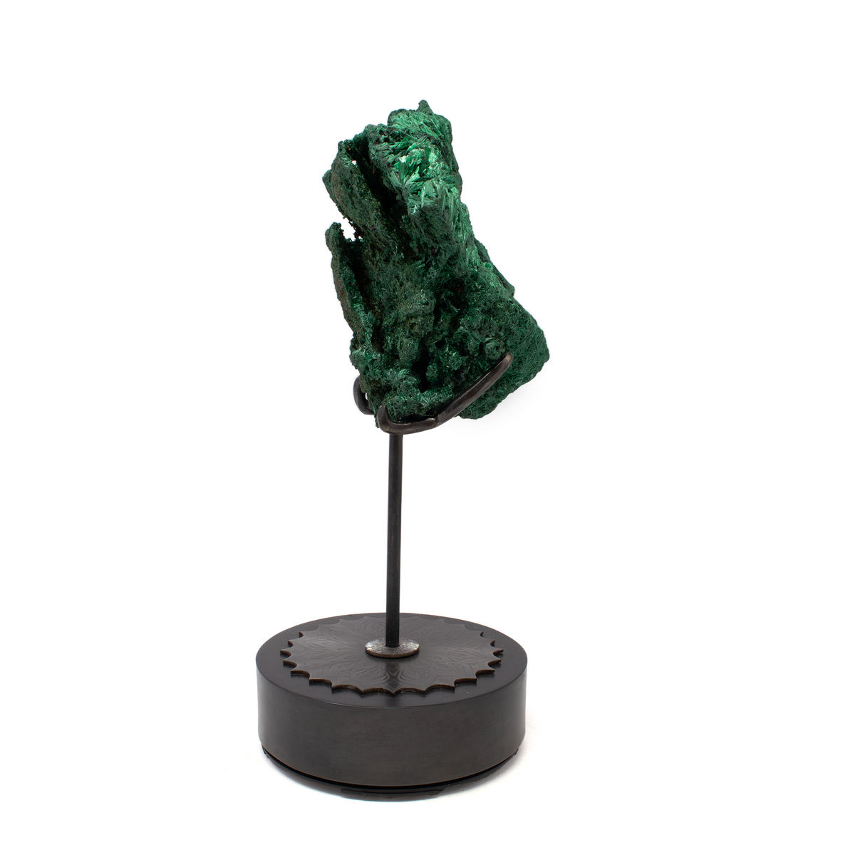 Chatoyant Malachite Specimen on Custom Etched Spinning Stand - Fiberous with Vug on Round Base