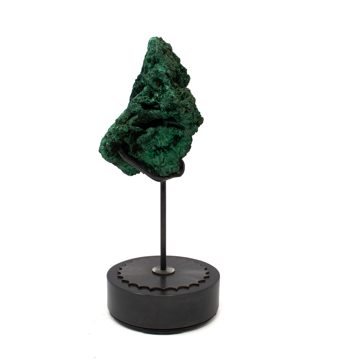 Chatoyant Malachite Specimen on Custom Etched Spinning Stand - Fiberous with Vug on Round Base