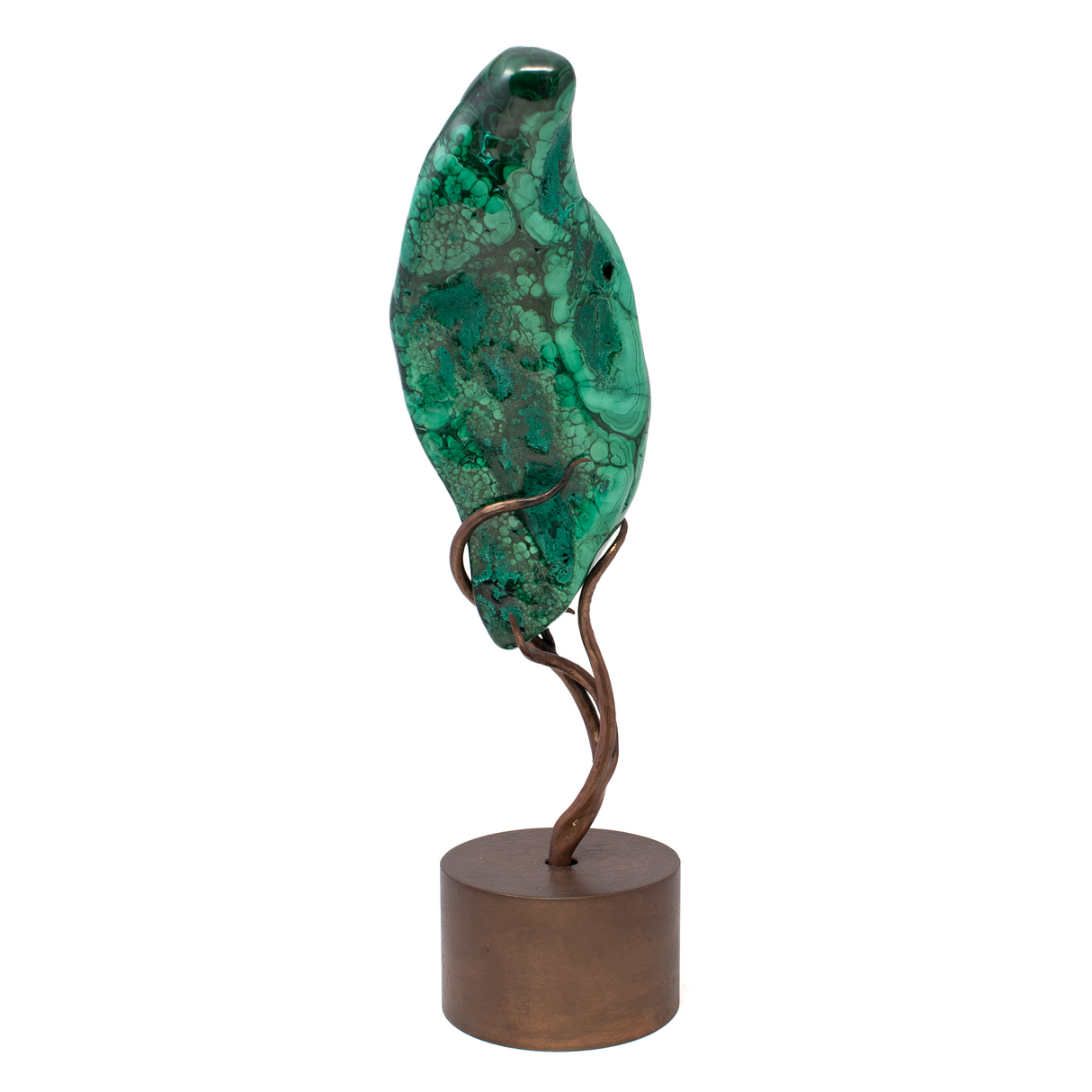 View of Chrysocolla Malachite on Custom Etched Spinning Stand - Polished Freeform with Mandala Etching on Coper Patina