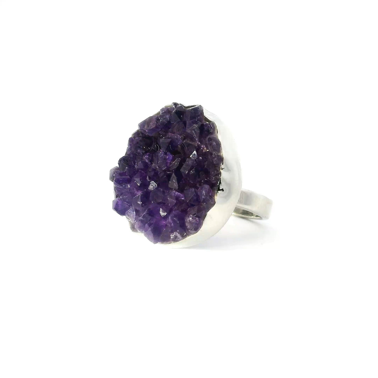 View of Amethyst Druze Ring - Round Freeform Nugget Bezel Set in Sterling Silver szAdj