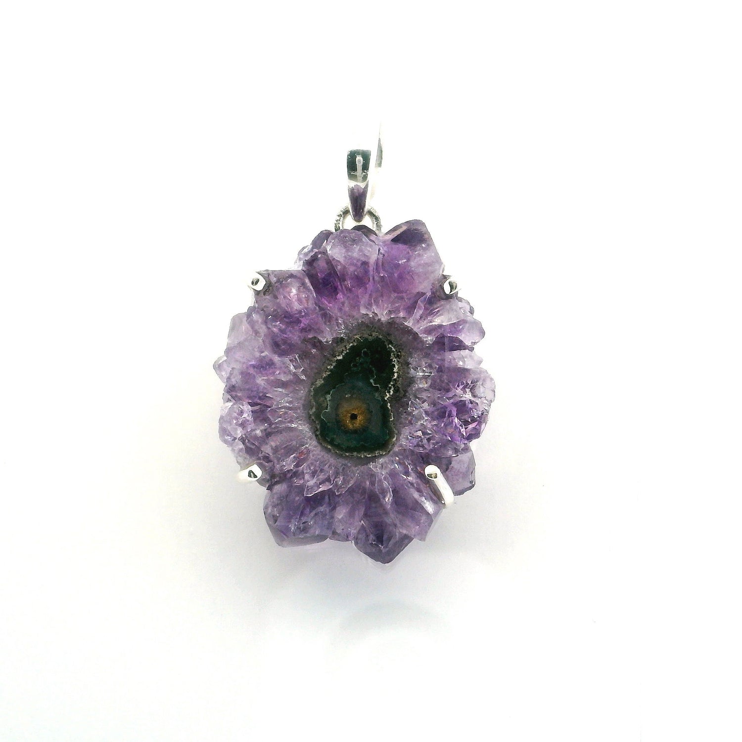 View of Amethyst Stalactite Slice Pendant - Dark Purple Stalactite with Single Dark Green Center Eye Prong Set in Simple 925 Sterling Silver