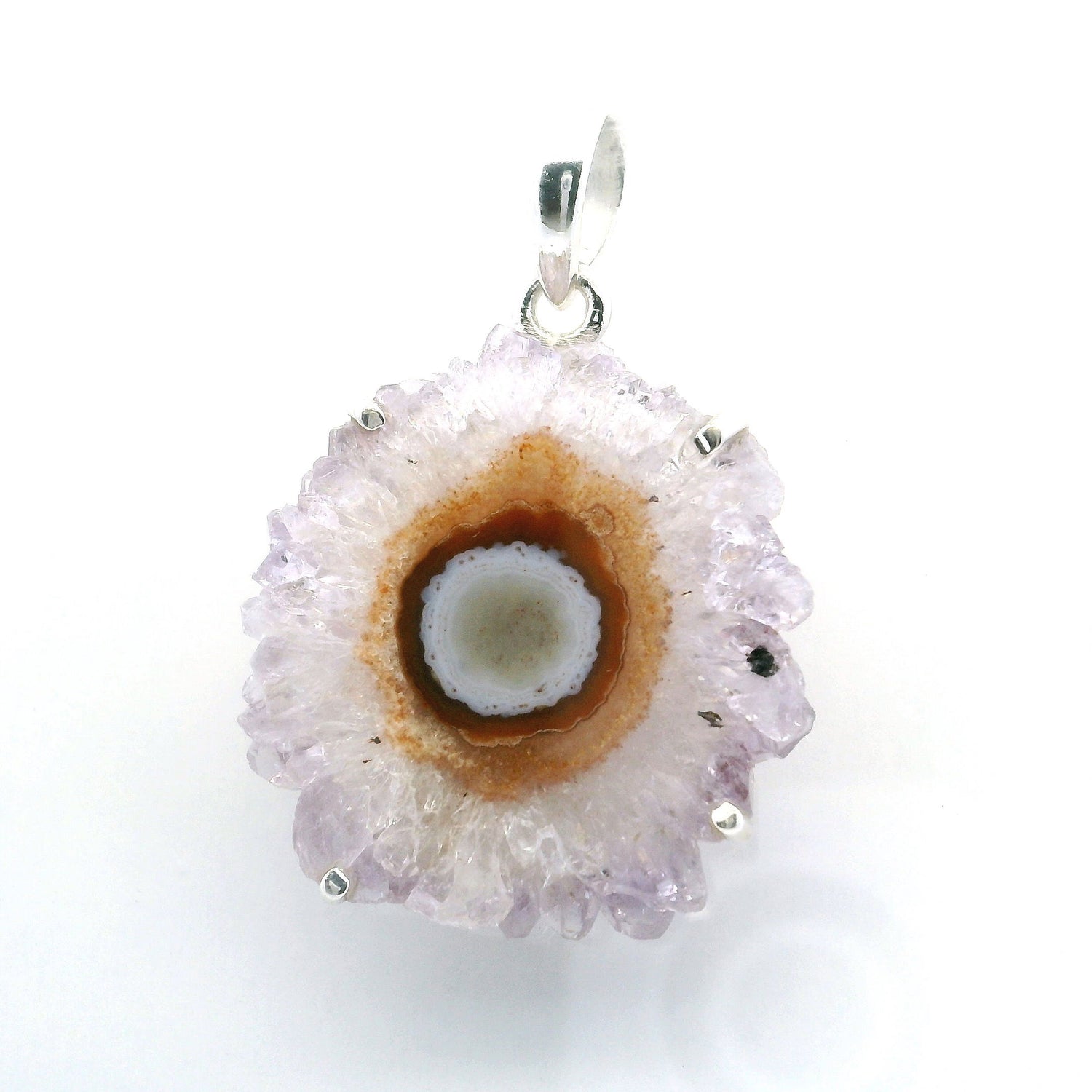 View of Amethyst Stalactite Slice Pendant - Light Lavender Stalactite with Half Coconut Center Eye Prong Set in Simple 925 Sterling Silver