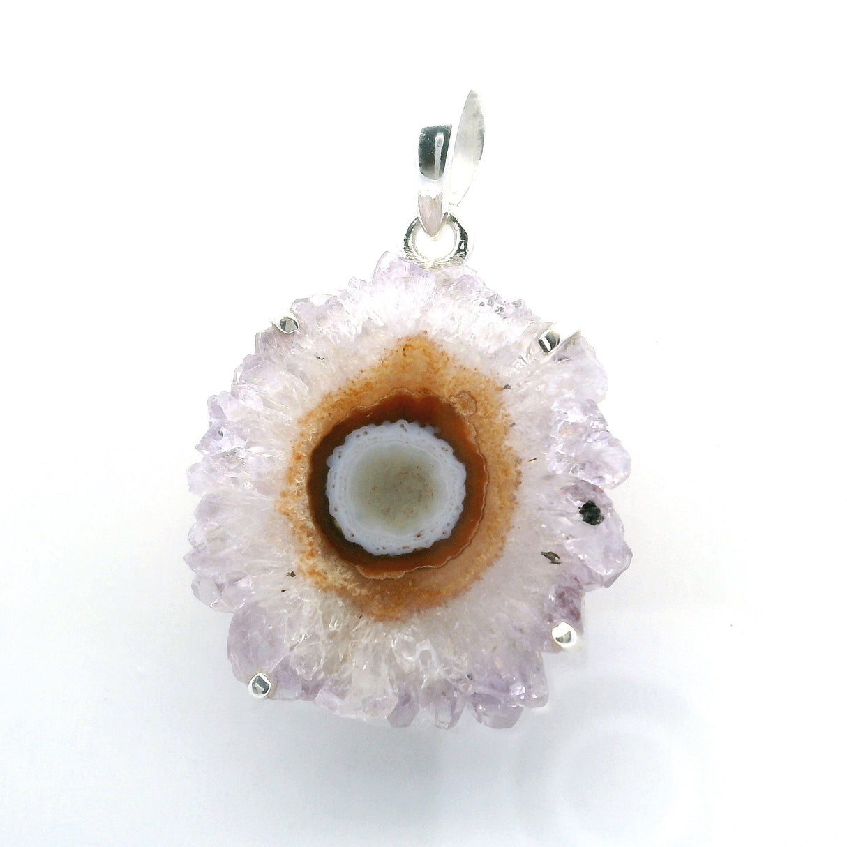 View of Amethyst Stalactite Slice Pendant - Light Lavender Stalactite with Half Coconut Center Eye Prong Set in Simple 925 Sterling Silver