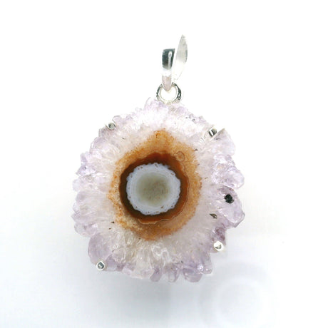 View of Amethyst Stalactite Slice Pendant - Light Lavender Stalactite with Half Coconut Center Eye Prong Set in Simple 925 Sterling Silver