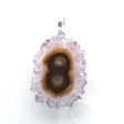 View of Amethyst Stalactite Slice Pendant - Light Purple Double Stalactite with Dark Brown & Red Center Eyes Prong Set in Simple 925 Sterling Silver