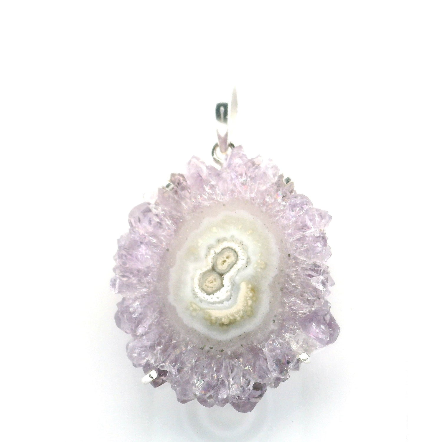 View of Amethyst Stalactite Slice Pendant - Light Purple Stalactite with Sage Green & Beige Crooked Smile Face Prong Set in Simple 925 Sterling Silver