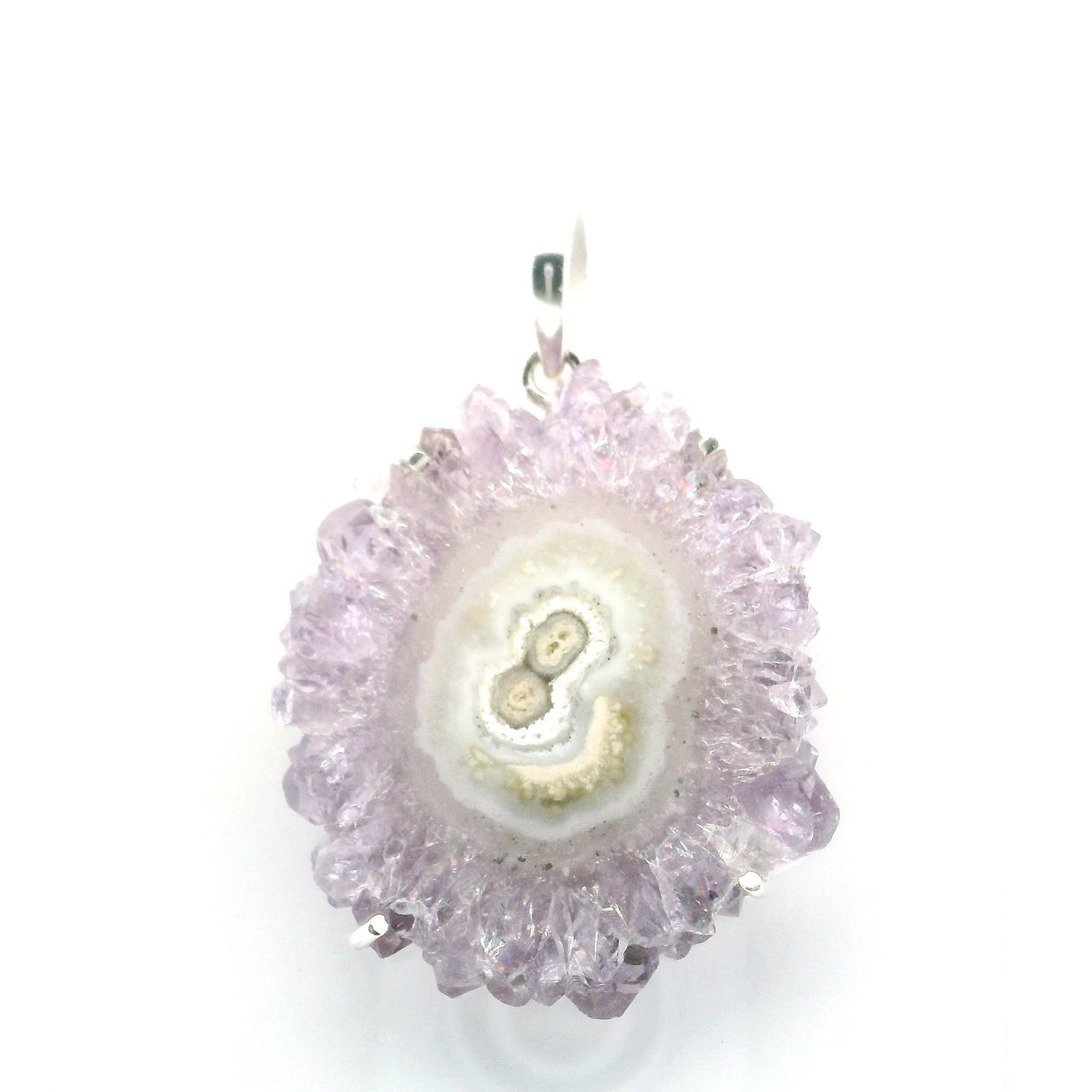 View of Amethyst Stalactite Slice Pendant - Light Purple Stalactite with Sage Green & Beige Crooked Smile Face Prong Set in Simple 925 Sterling Silver