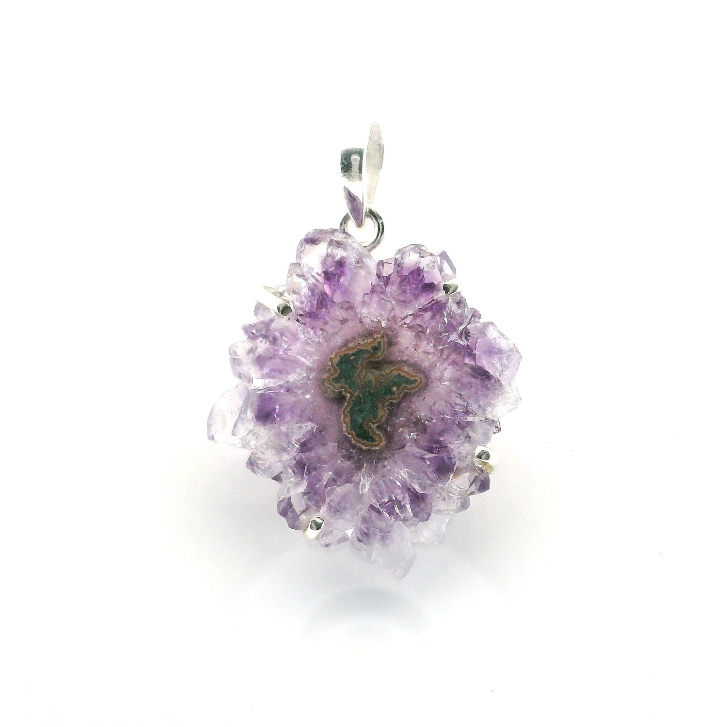 View of Amethyst Stalactite Slice Pendant - Purple & Clear Stalactite with Single Dark Green Horse-Shaped Eye Prong Set in Simple 925 Sterling Silver