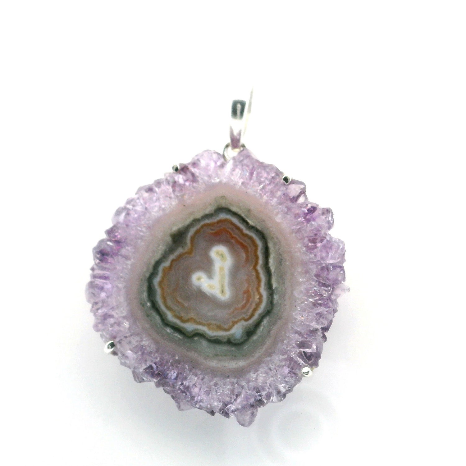 View of Amethyst Stalactite Slice Pendant - Round Stalactite with Multi Color Concentric Circles & Beige V-Shape in Center Prong Set in Simple 925 Sterling Silver