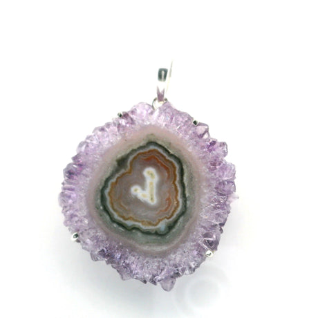 View of Amethyst Stalactite Slice Pendant - Round Stalactite with Multi Color Concentric Circles & Beige V-Shape in Center Prong Set in Simple 925 Sterling Silver