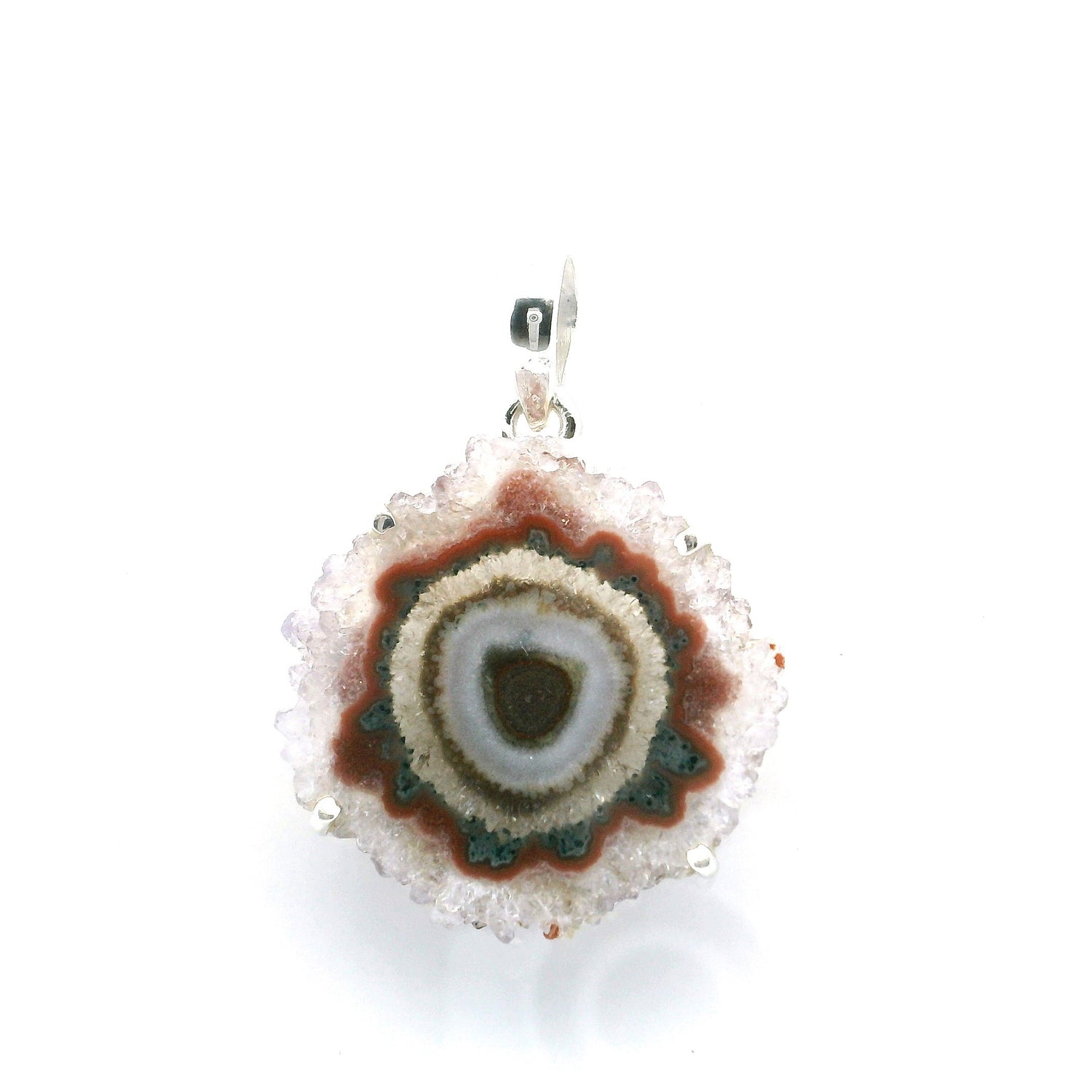 View of Amethyst Stalactite Slice Pendant - Very Light Stalactite with Red & Brown & Light Gray Center Circles Prong Set in Simple 925 Sterling Silver