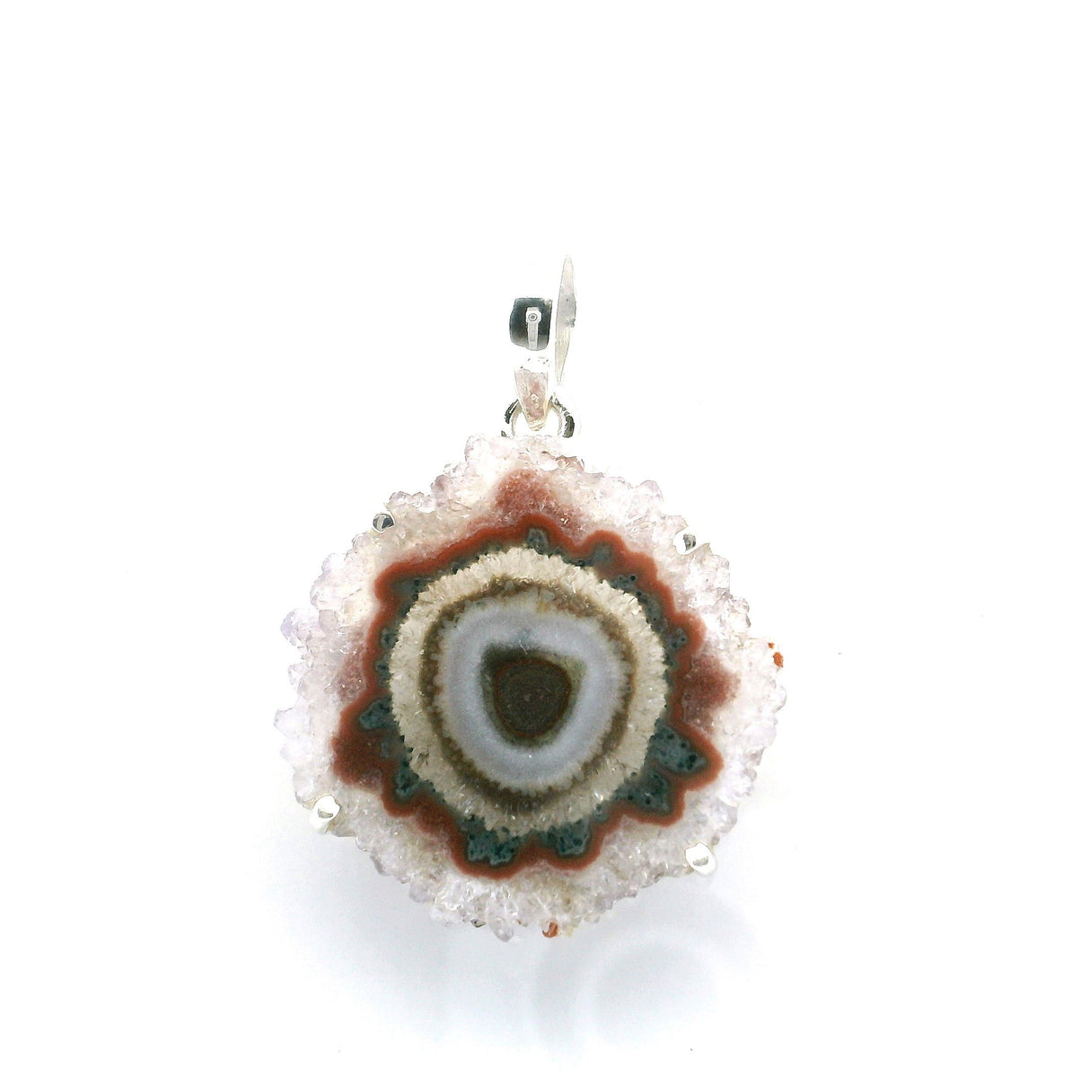 View of Amethyst Stalactite Slice Pendant - Very Light Stalactite with Red & Brown & Light Gray Center Circles Prong Set in Simple 925 Sterling Silver