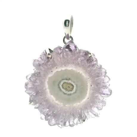 View of Amethyst Stalactite Slice Pendant - Light Purple Stalactite with East-West Oval Beige & White Center Eye Prong Set in Simple 925 Sterling Silver