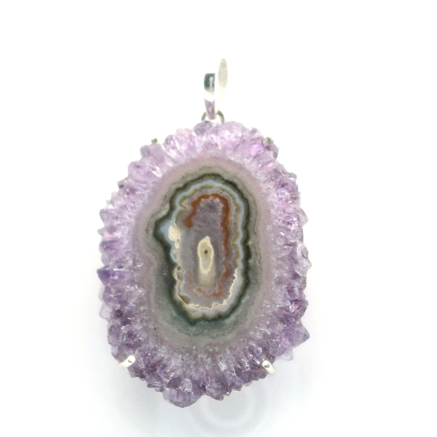 View of Amethyst Stalactite Slice Pendant - Oval Stalactite with Rust & Beige & Dark Green Concentric Center Ovals Prong Set in Simple 925 Sterling Silver