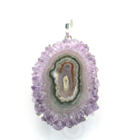 View of Amethyst Stalactite Slice Pendant - Oval Stalactite with Rust & Beige & Dark Green Concentric Center Ovals Prong Set in Simple 925 Sterling Silver