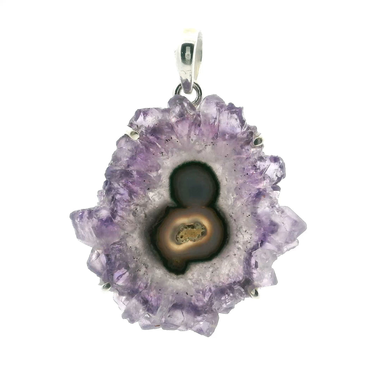 View of Amethyst Stalactite Slice Pendant - Round Stalactite with Large Points & Mother & Child in Center Prong Set in Simple 925 Sterling Silver