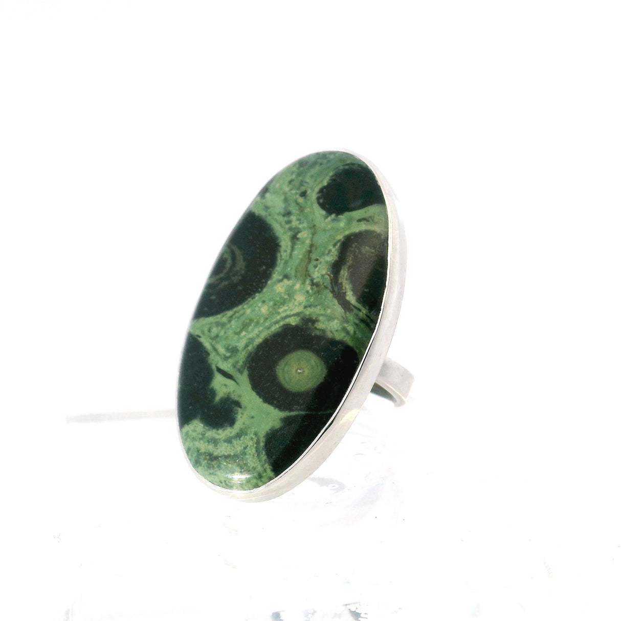 View of Kambaba Jasper Ring - Large Oval Cabochon with Green River around Dark Rocks Bezel Set in 925 Sterling Silver szAdj