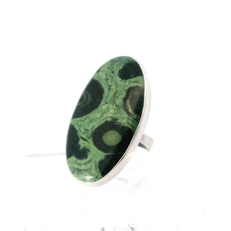 View of Kambaba Jasper Ring - Large Oval Cabochon with Green River around Dark Rocks Bezel Set in 925 Sterling Silver szAdj