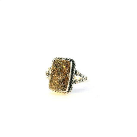 View of Specular Pyrite Ring - Rectangle with Hues of Light Green & Gold Bezel Set with Rope Detail & Side Wishbone Design in 925 Sterling Silver sz6