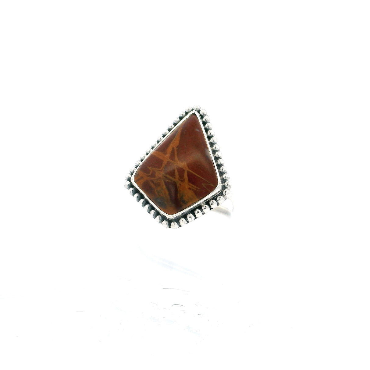 View of Noreena Jasper Ring - Kite Cabochon with Red Background & Gold Veining Bezel Set with Beaded Detail in 925 Sterling Silver sz5