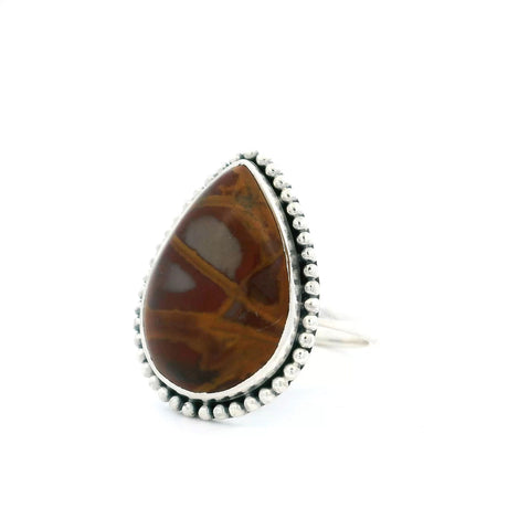 View of Noreena Jasper Ring - Pear Cabochon with Red & Golden Veining Bezel Set with Beaded Detail in 925 Sterling Silver sz7