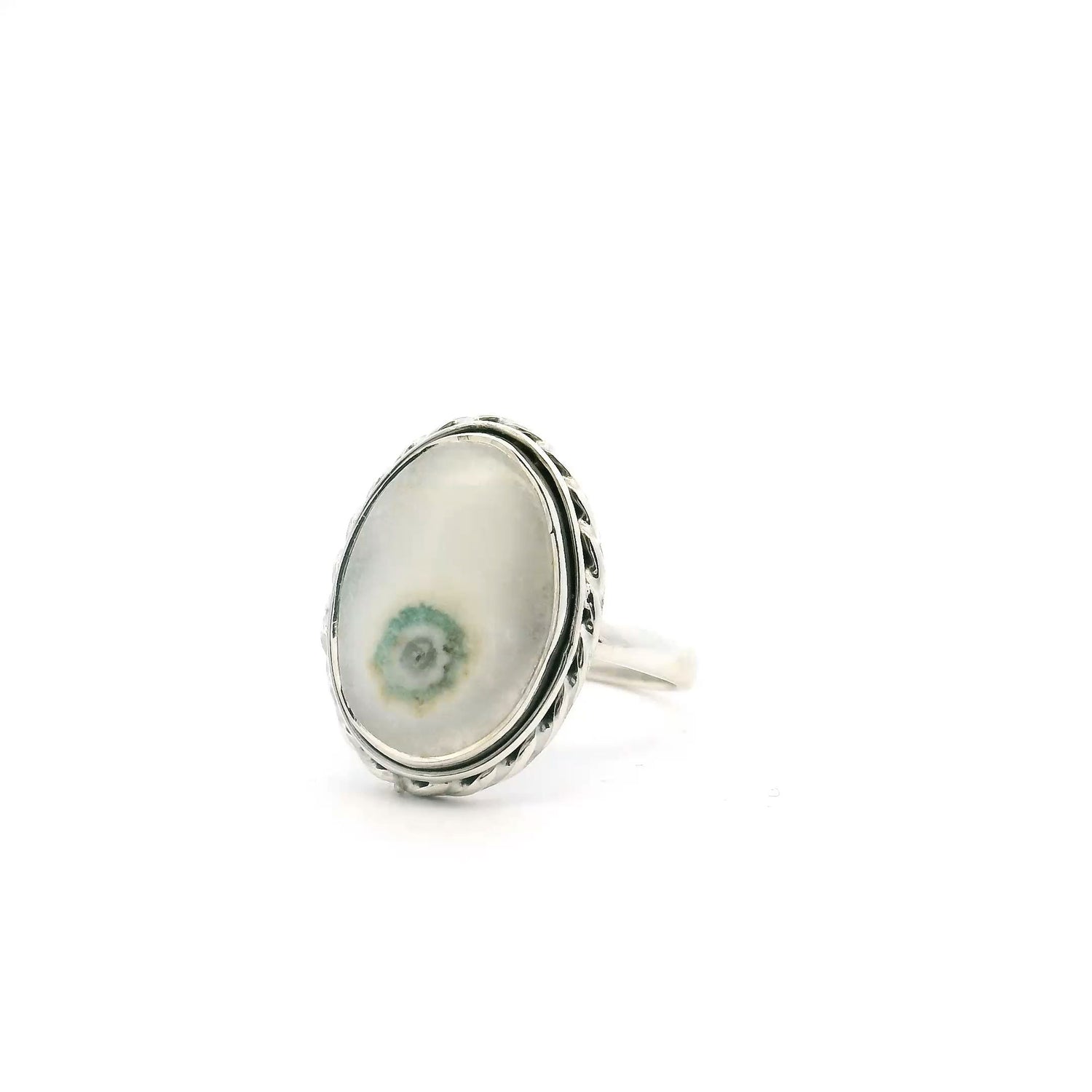 View of Solar Quartz Stalactite Ring - Oval Cabochon with Single Green & White Rimmed Eye Bezel Set with Rope Detail in 925 Sterling Silver sz5