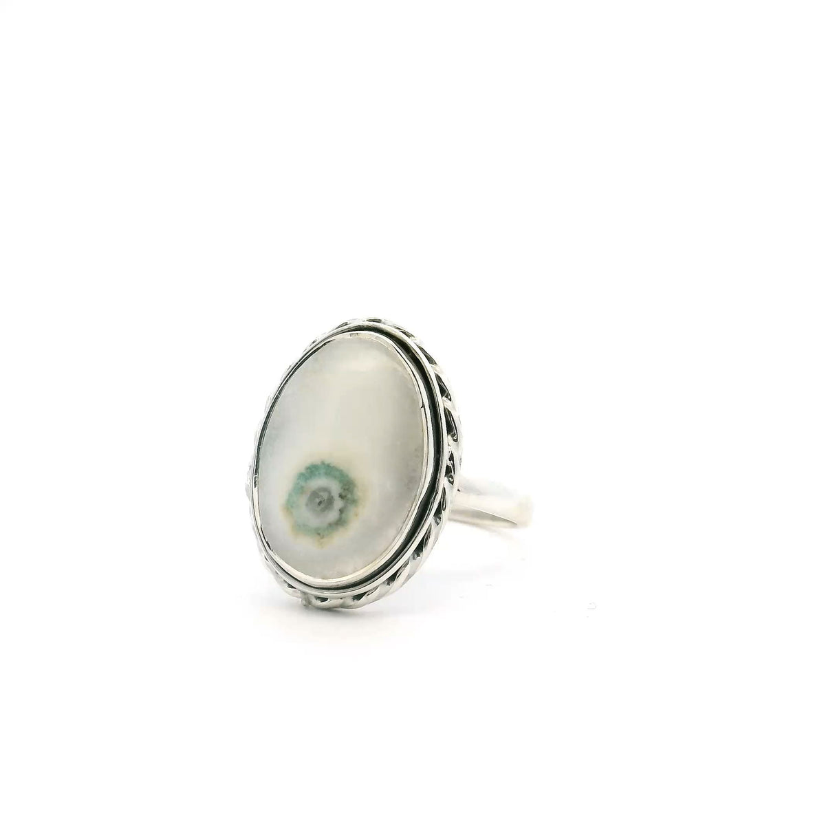 View of Solar Quartz Stalactite Ring - Oval Cabochon with Single Green & White Rimmed Eye Bezel Set with Rope Detail in 925 Sterling Silver sz5
