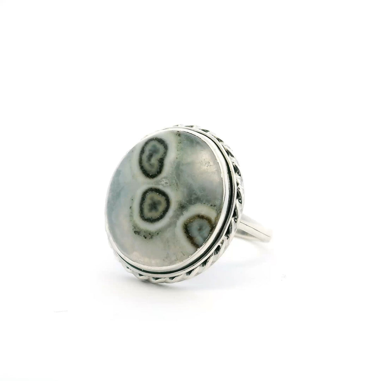 View of Solar Quartz Stalactite Ring - Round Cabochon with Gray Background & 3 Eyes with White & Dark Brown Banding Bezel Set with Rope Detail in 925 Sterling Silver sz9