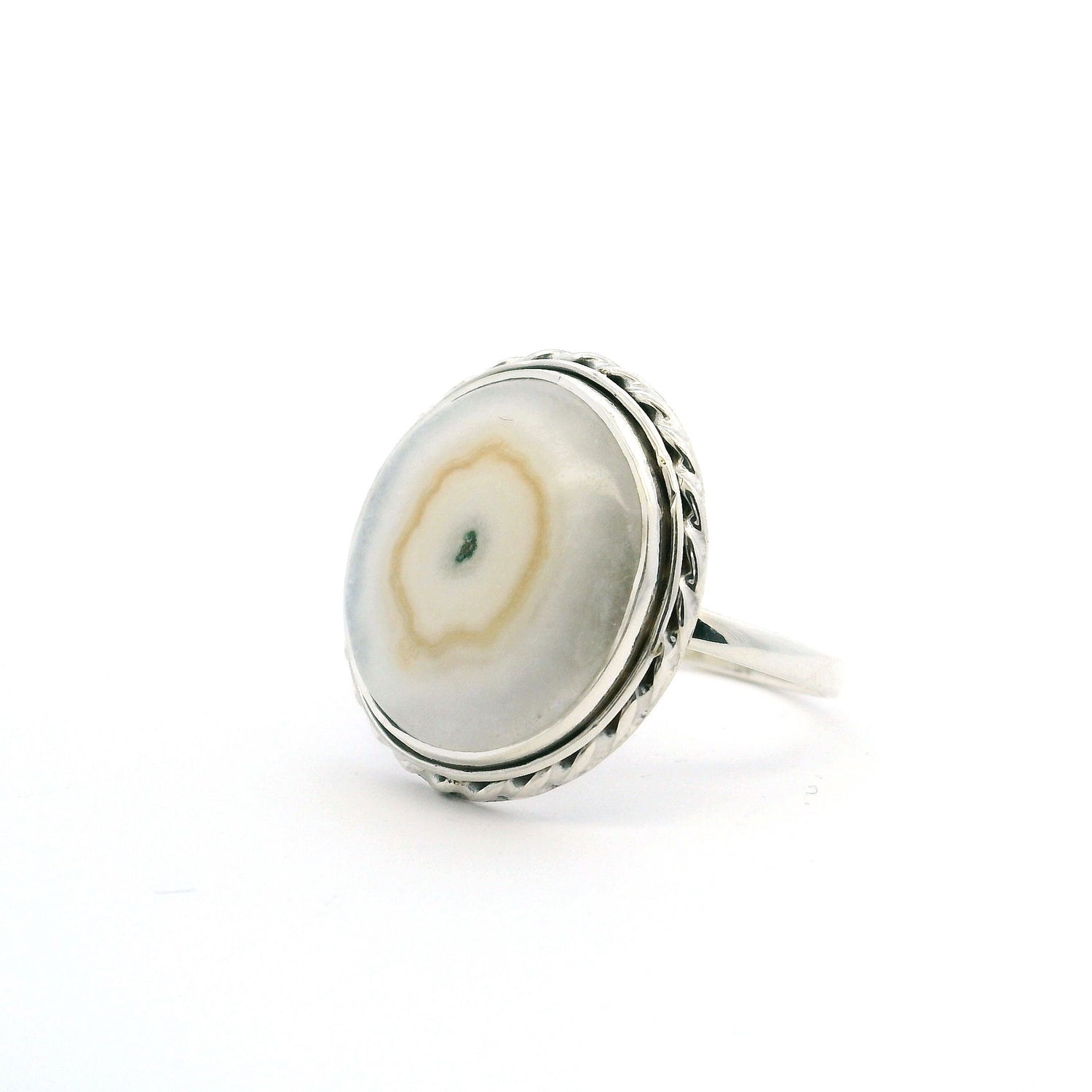 View of Solar Quartz Stalactite Ring - Round Cabochon with Single Large Distinct Eye & White & Tan Banding Bezel Set with Rope Detail in 925 Sterling Silver sz10