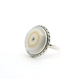 View of Solar Quartz Stalactite Ring - Round Cabochon with Single Large Distinct Eye & White & Tan Banding Bezel Set with Rope Detail in 925 Sterling Silver sz10
