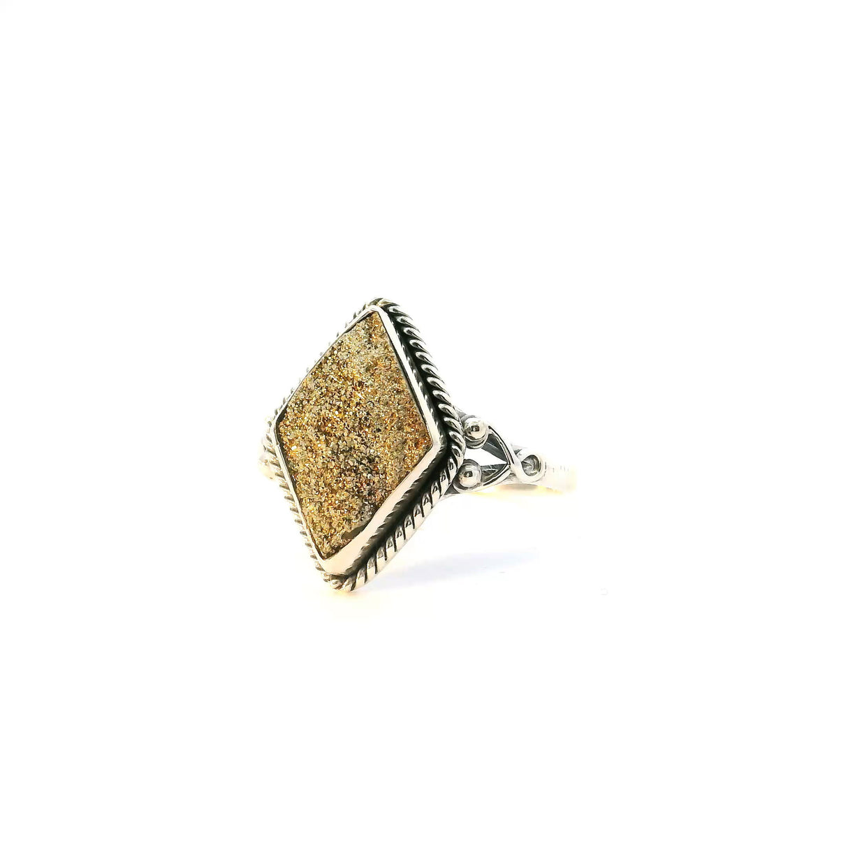 View of Specular Pyrite Ring - Diamond-Shape with Dual Shades of Light & Dark Gold Bezel Set with Rope Detail & Side Wishbone Design in 925 Sterling Silver sz10