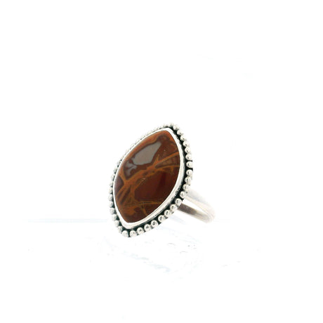 View of Noreena Jasper Ring - Pointed Oval Cabochon with Orange-Gold Veining & Gray Inclusion Bezel Set with Beaded Detail in 925 Sterling Silver sz7