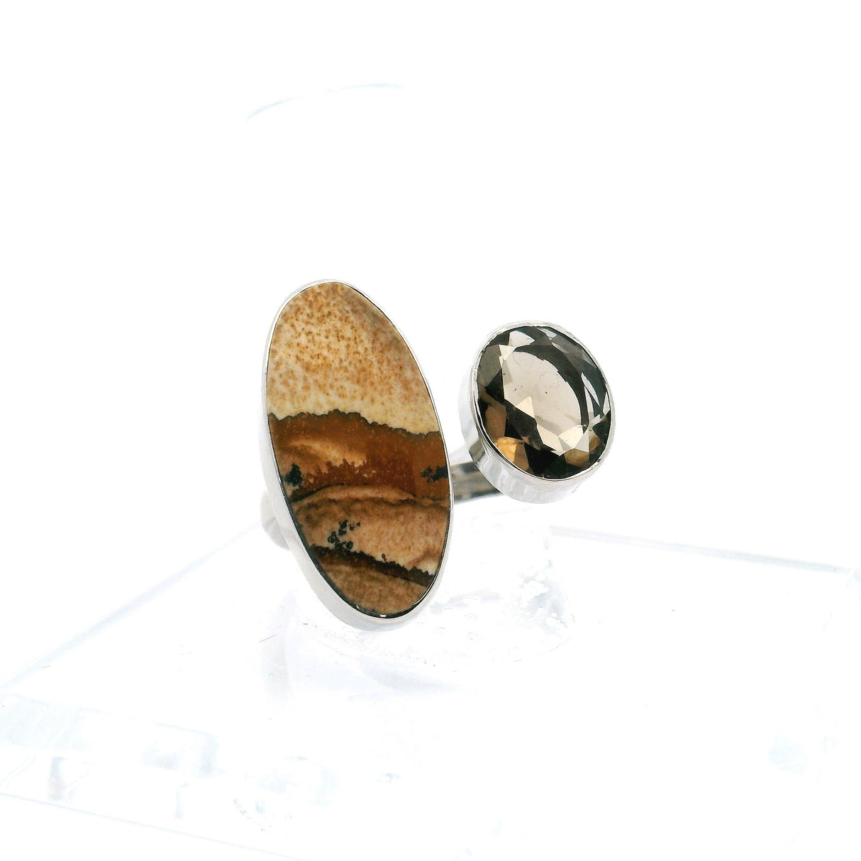 View of Picture Jasper Ring - Oval Cabochon with Brown Veining & Black Dendritic Inclusions & Faceted Smoky Quartz Oval Bezel Set on Open Band in 925 Sterling Silver szAdj