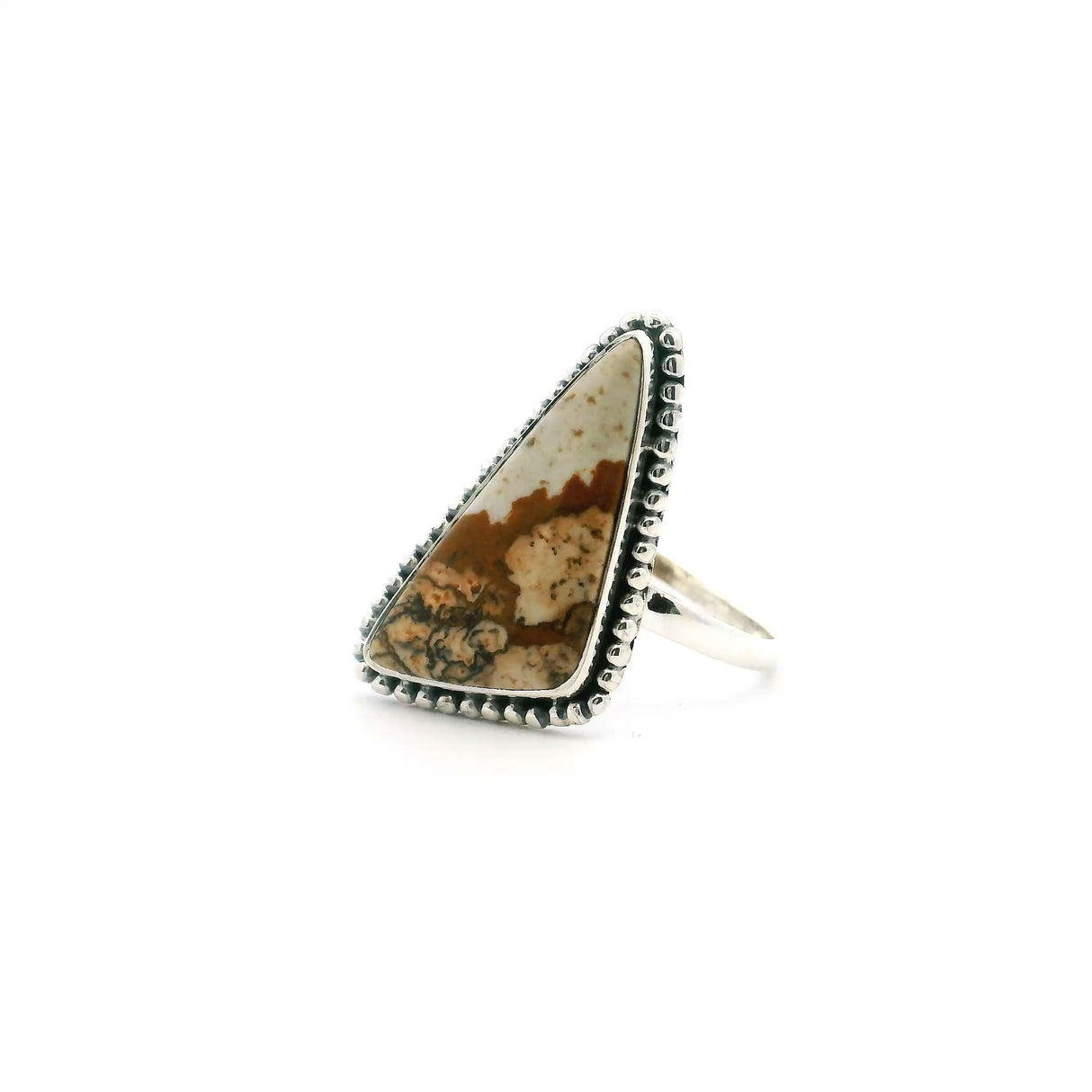 View of Picture Jasper Ring - Triangular Cabochon with Hairlike Black Inlcusions & Beige Bottom Bezel Set with Beaded Detail in 925 Sterling Silver sz8