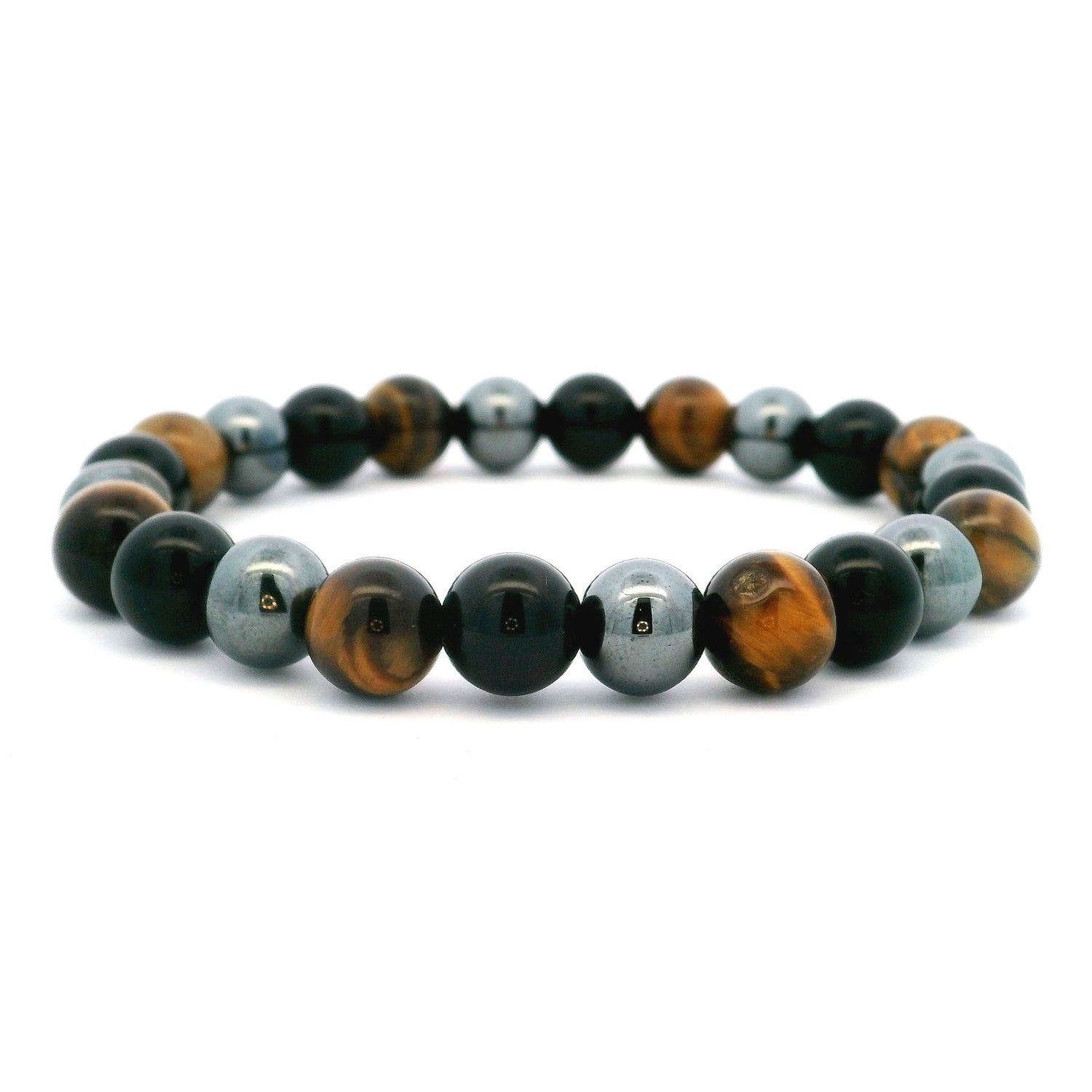 View of Tri-Color Beaded Bracelet with Yellow Tigers Eye, Hematite and Black Obsidian 8mm Rounds