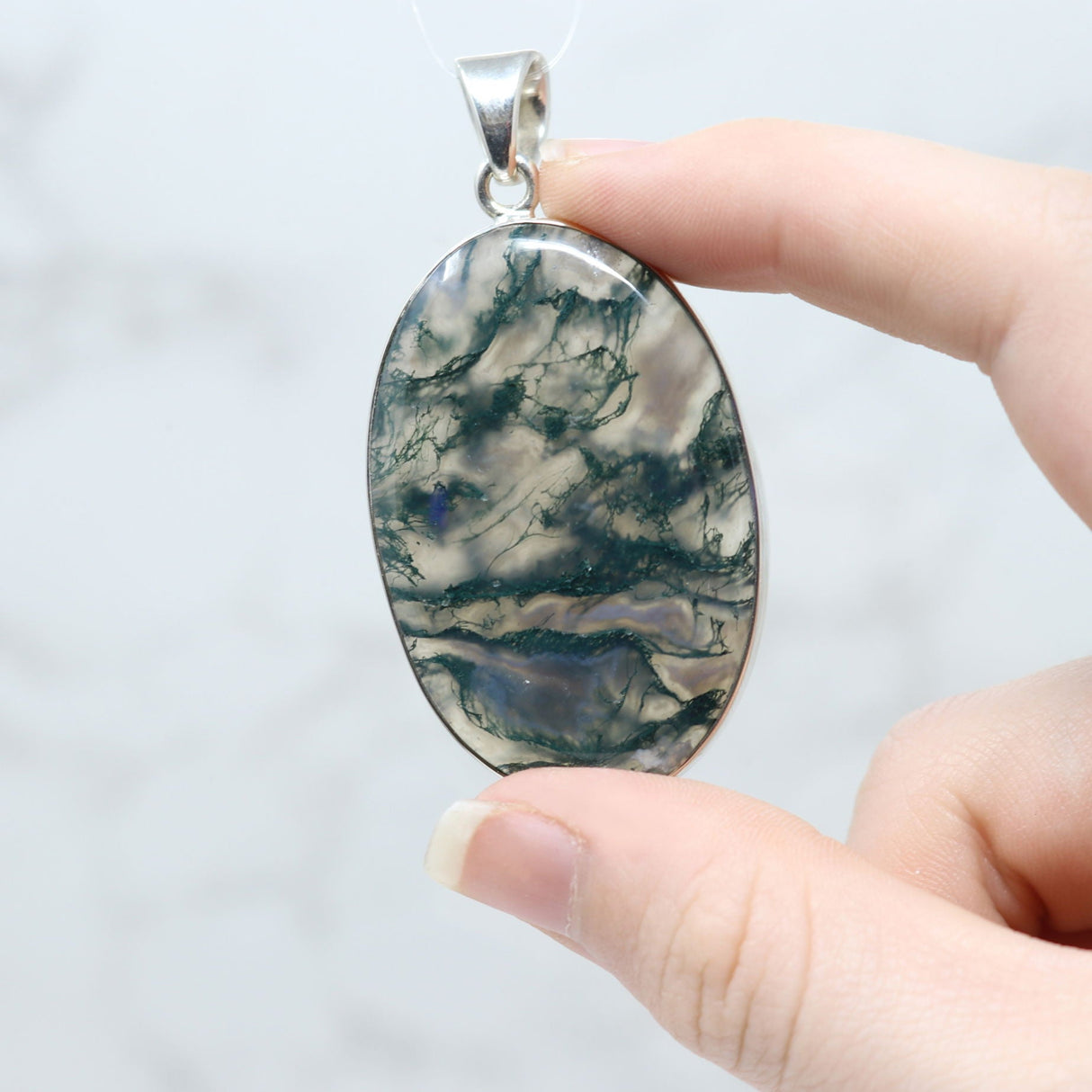 Moss Agate Pendant - Classic Oval Cabochon with Simple 925 Sterling Silver Bezel