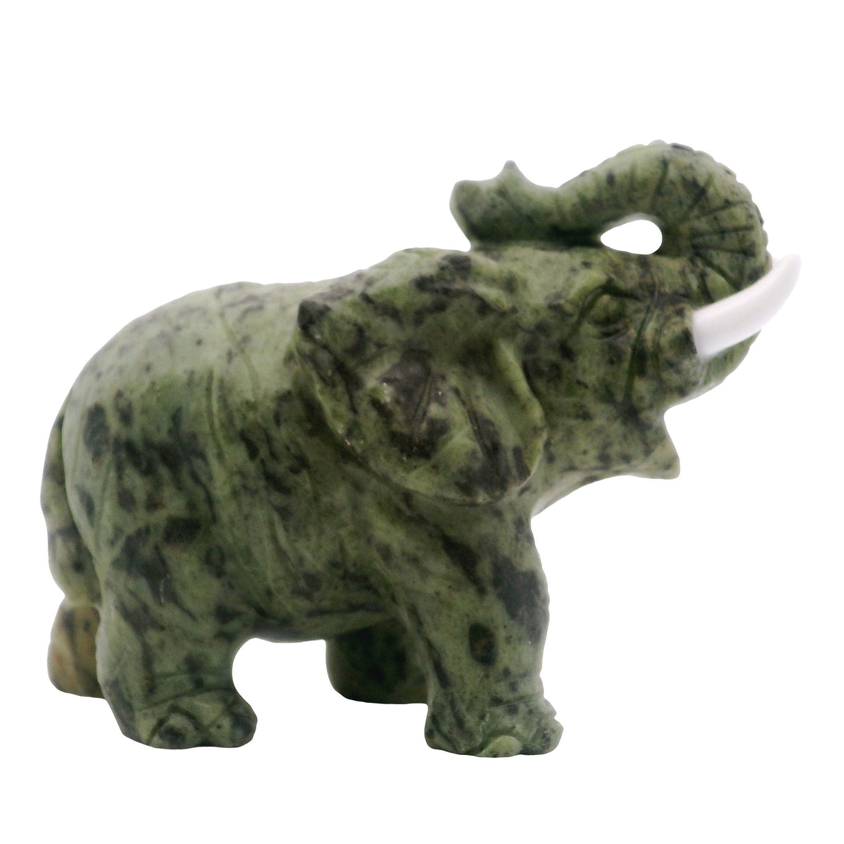 View of Serpentine Elephant Carving with White Tusks