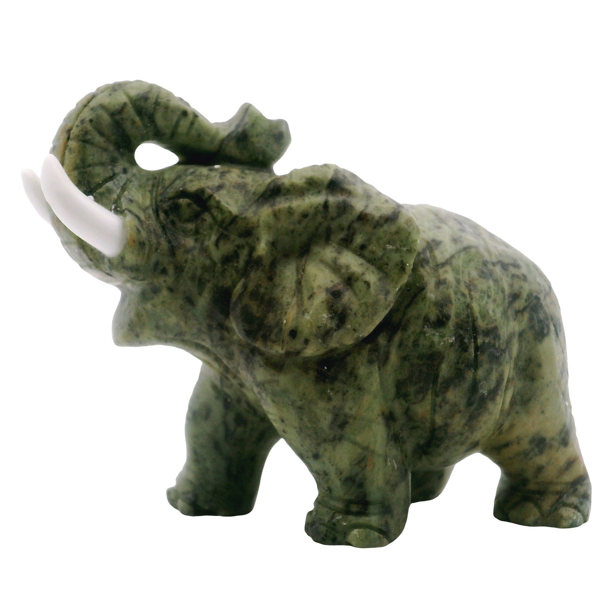 Serpentine Elephant Carving with White Tusks