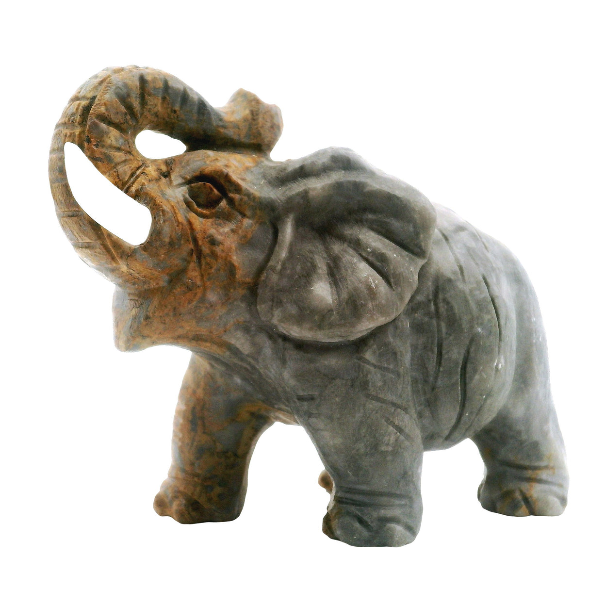 View of Gray Jasper \/ Picasso Elephant Carving with White Tusks