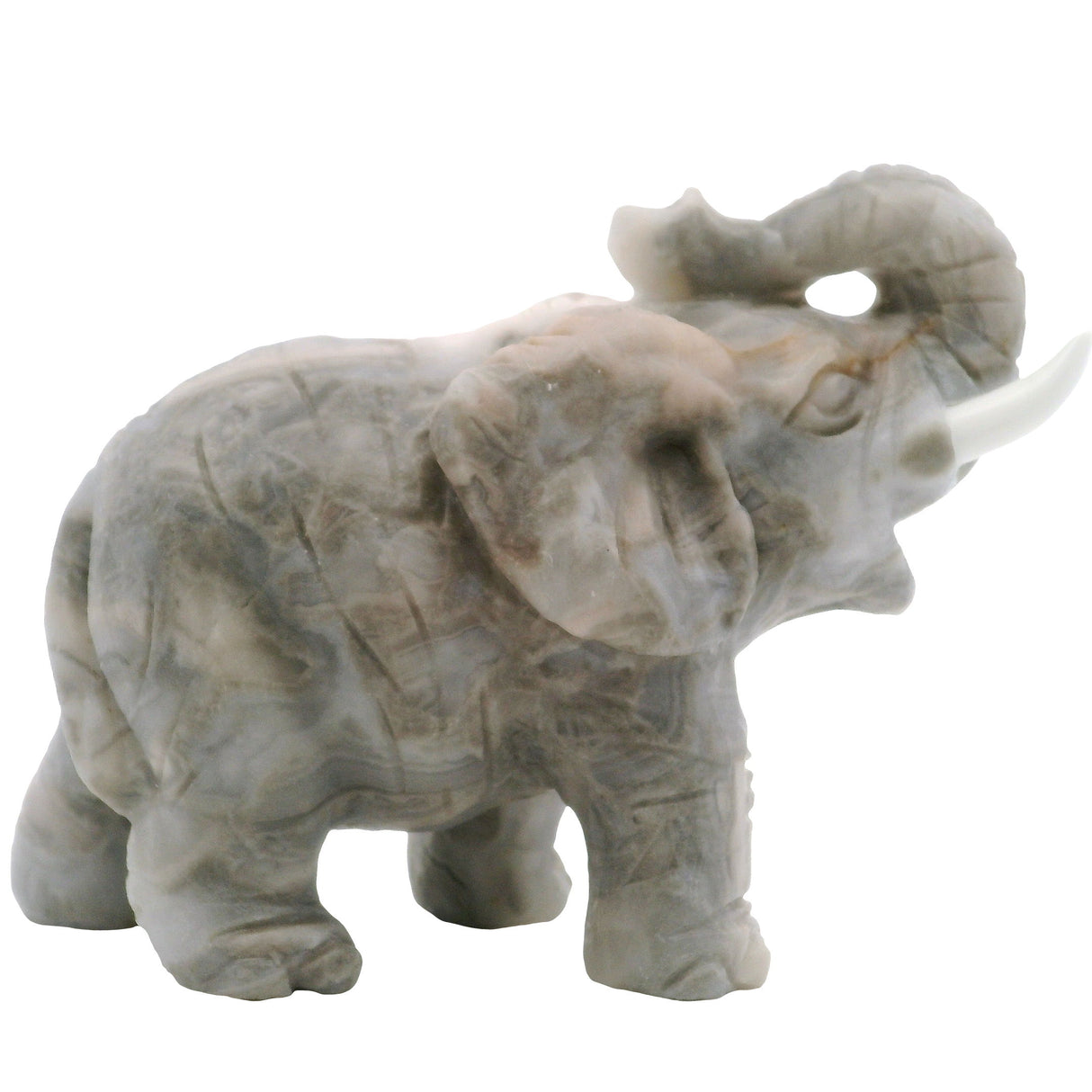 View of Gray Onyx Elephant Carving with White Tusks