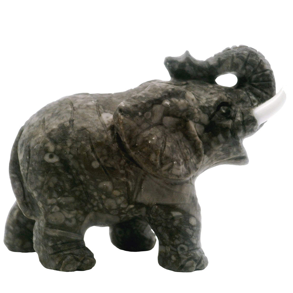 Turritella Agate Elephant Carving with White Tusks