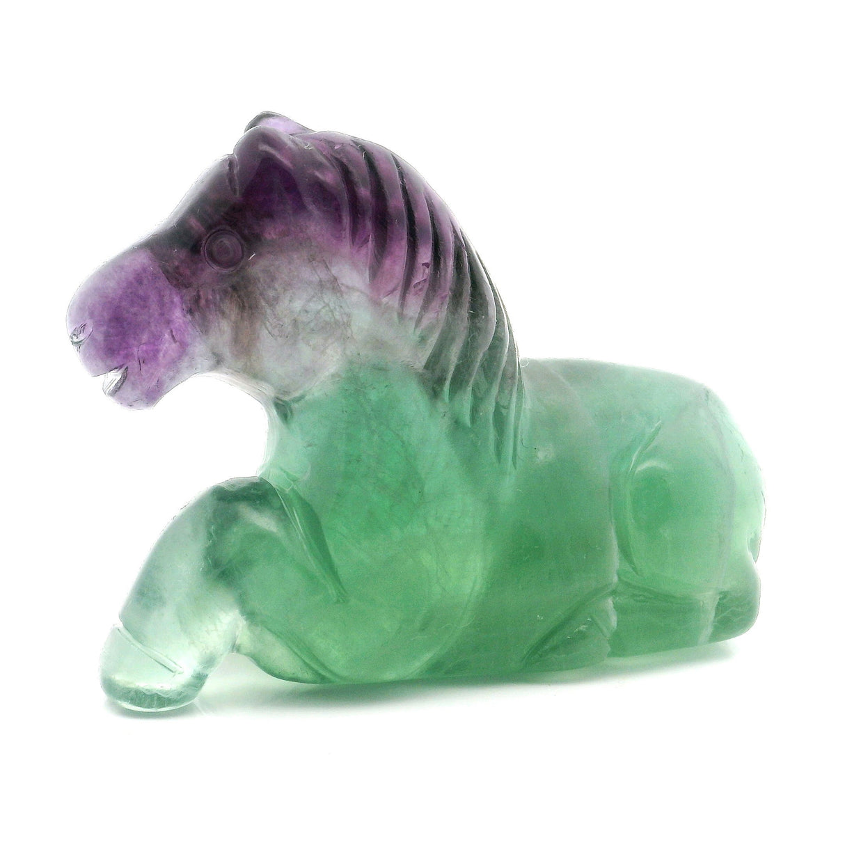 View of Green and Purple Fluorite Horse Carving - Laying Down Posture