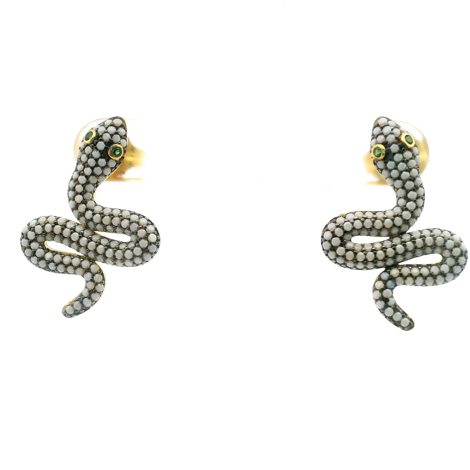 Nano Stone Stud Earrings - White Snake with Green Eyes in Gold Vermeil over 925 Sterling Silver