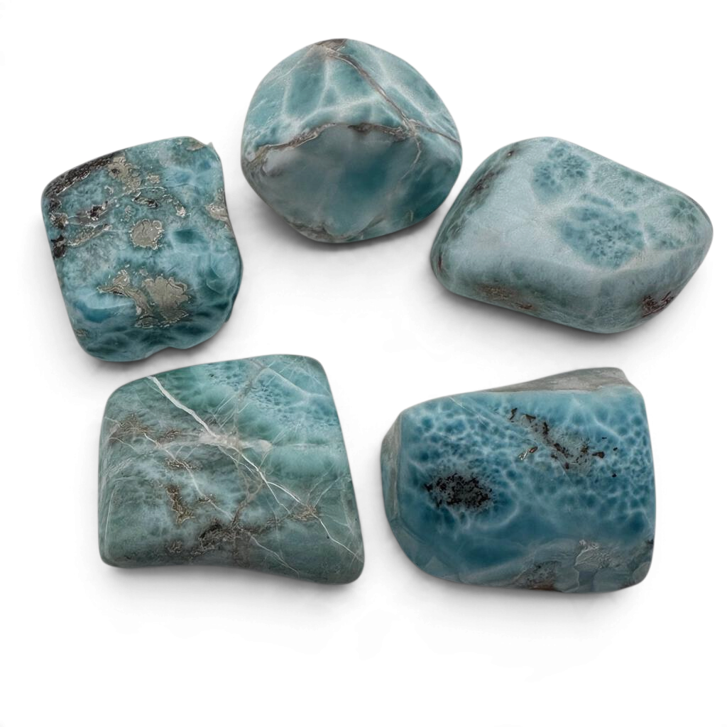 Rare Earth Gallery matte finished tumbled larimar stones with unique blue patterns and natural mineral inclusions