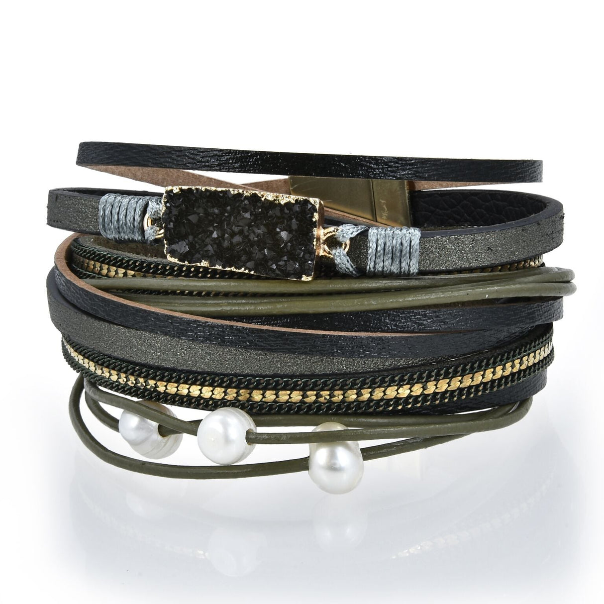 Olive Druze Multi Wrap Bracelet Double with Magnetic Clasp