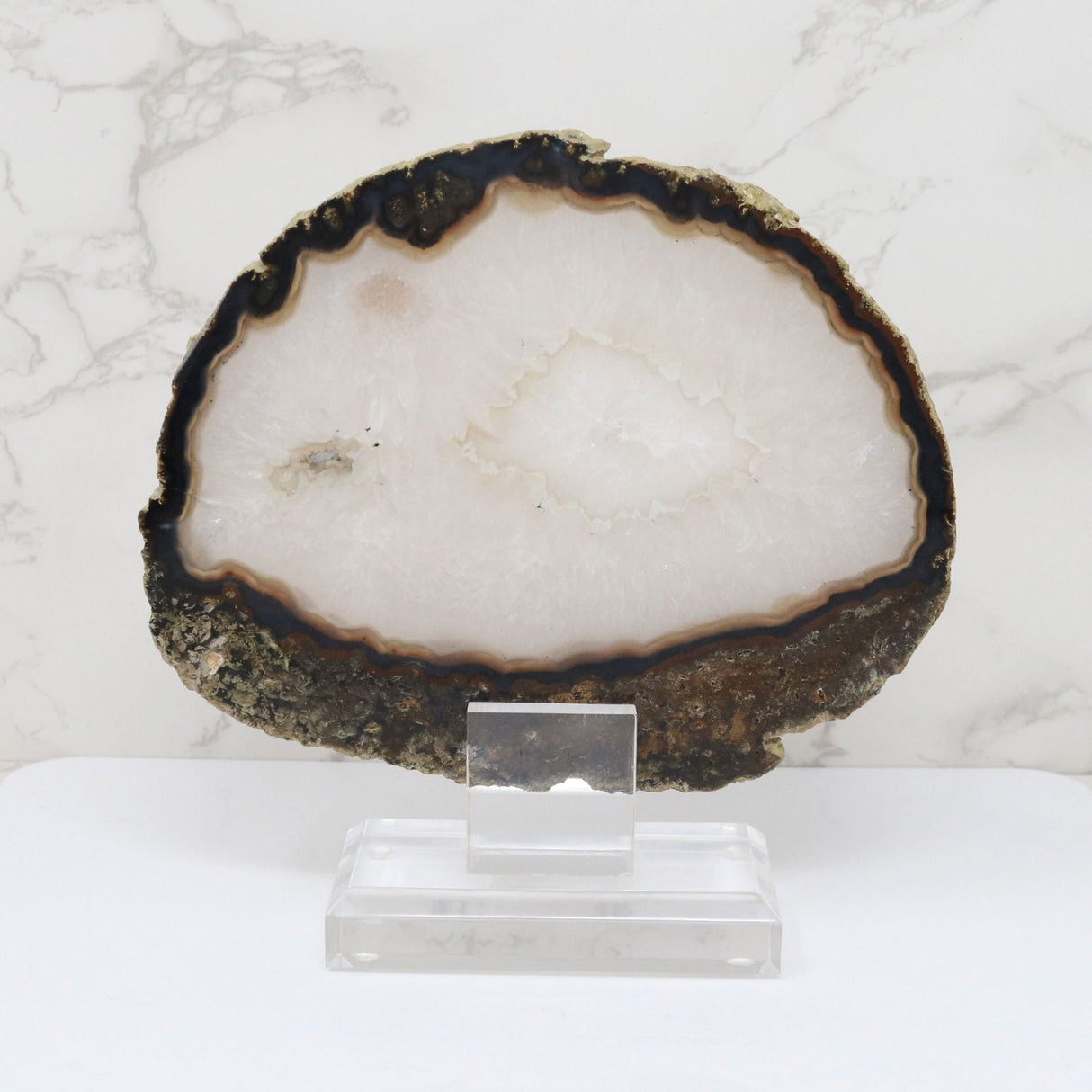 Agate Slice on Screw Stand - Quartz with Dark Mossy Agate Exterior & Eye Inclusion & Double-Sided Polish