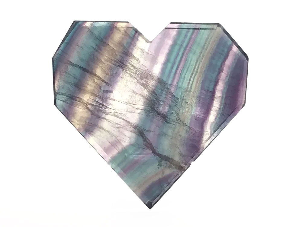 Rainbow Fluorite Heart - Flat with Faceted Faces on Lucite Stand (Thin Diagonal Banding of Purple & Green & Yellow)