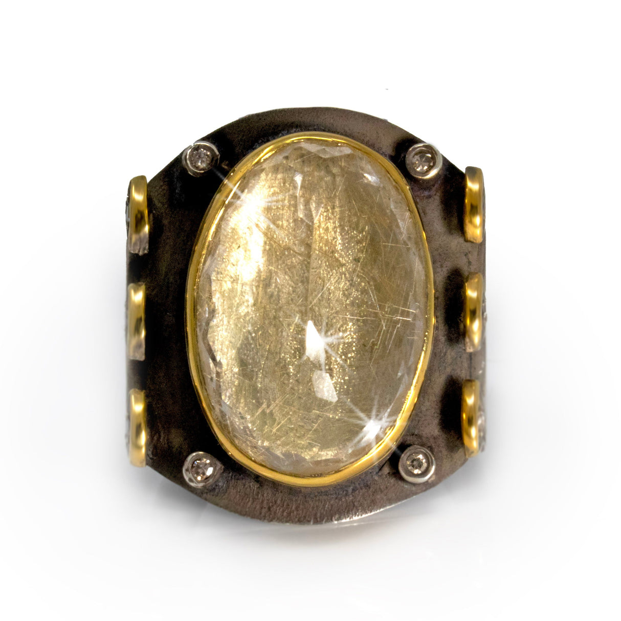 Golden Rutile Ring - Reverse Set Facet Oval on Oxidized Medieval Style Band with Diamonds & Gold Vermeil Accents Size 9.5