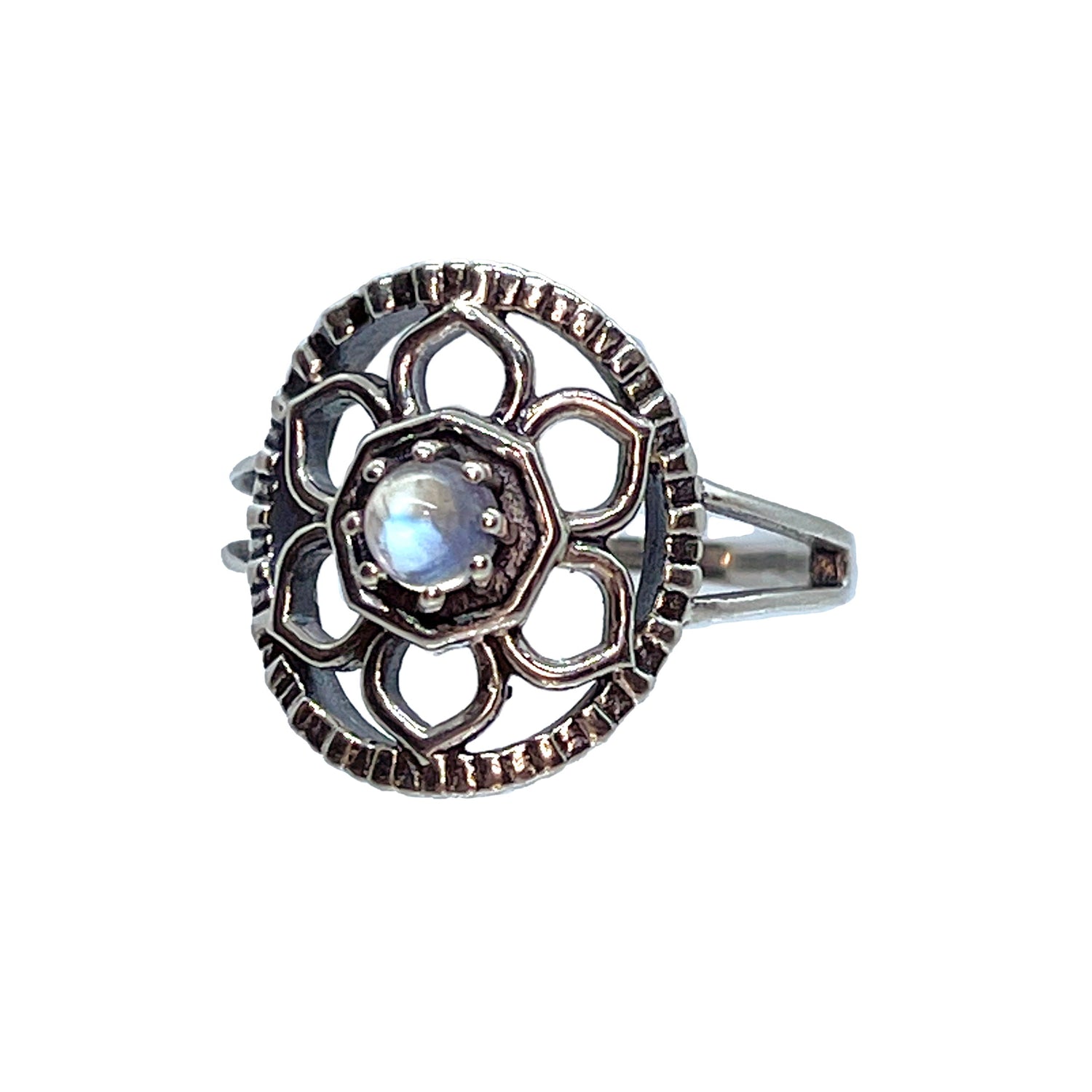 Moonstone Flower Ring Size 9 - Round Cabochon with Silver Flower Petals & Stamped Silver Circle Set on Open Silver Bezel
