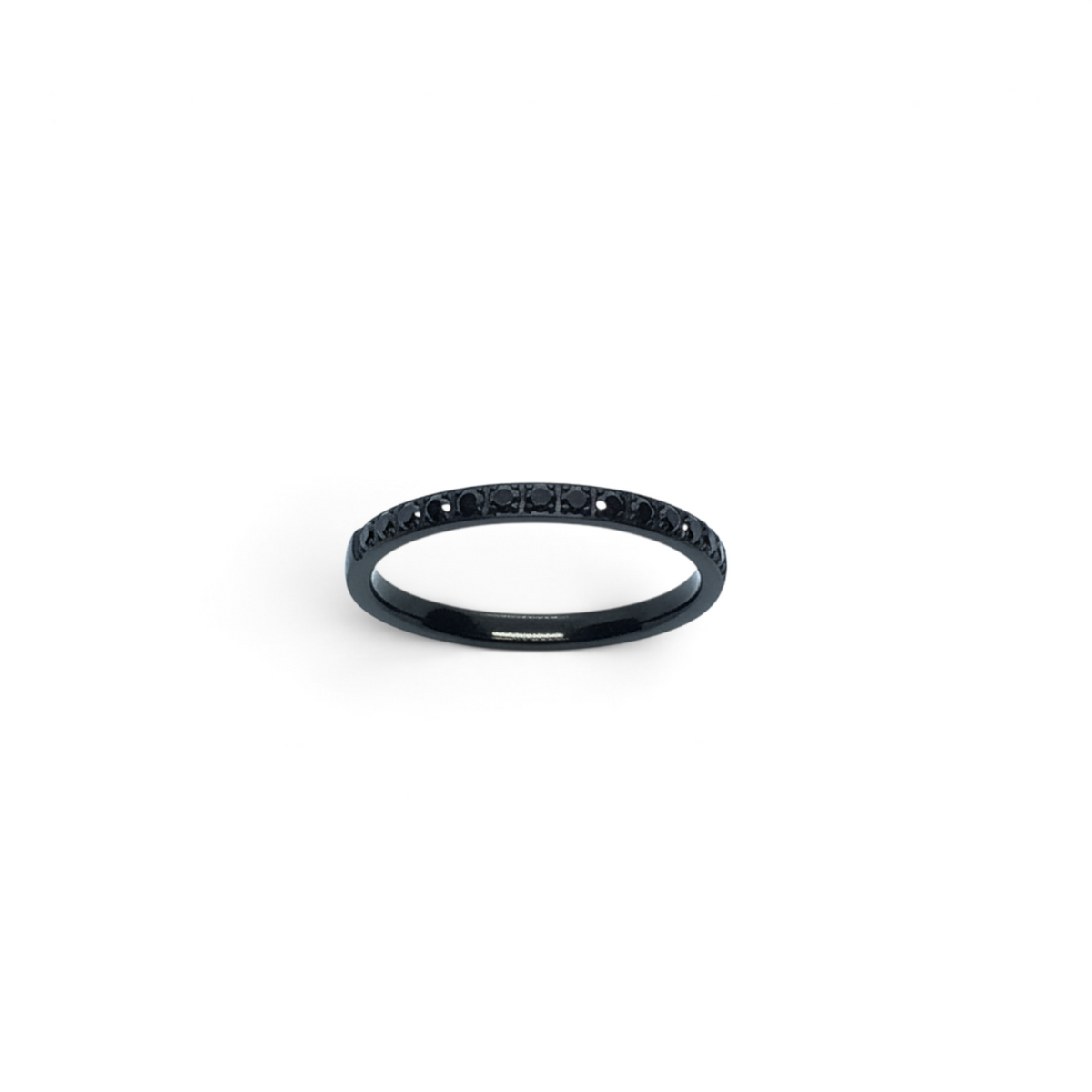 Rare Earth Gallery 2mm titanium ring with black IP plating and a half-band of black cubic zirconia stones.